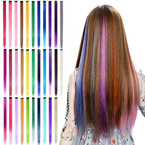 32 PCS Colored Clip in Hair Extensions - BEAHOT 20 Inch Rainbow Long Straight Hairpieces Clip in Synthetic, Halloween Cosplay Dress Up Fashion Party Christmas New Year Gift for Women Kids Girls