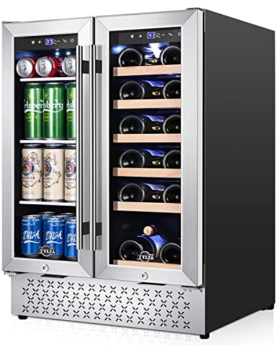 Tylza Wine and Beverage Refrigerator 24 Inch Dual Zone, French Door Wine and Beverage Cooler 24'' Built-In or Freestanding Drink Fridge, Under Counter Beer Refrigerator Tylza Wine and Beverage Refrigerator 24 Inch Dual Zone, French Door Wine and Beverage Cooler 24'' Built-In or Freestanding Drink Fridge, Under Counter Beer Refrigerator