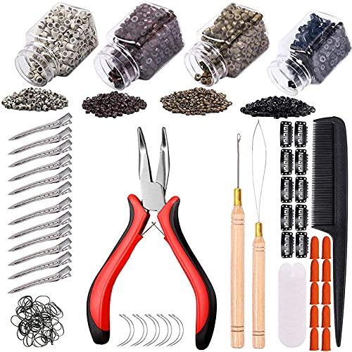 Hair Extension Kit Pliers Pulling Hook Loop Needle Threader Hair Extensions Tools with 4 Color Micro Ring Beads (Black, Brown, Dark Blonde, Blonde)