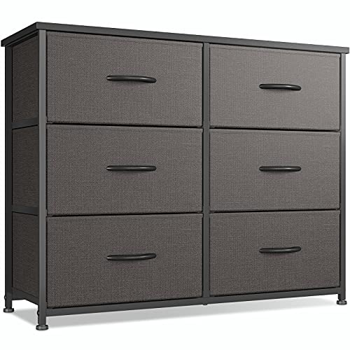 CubiCubi Dresser for Bedroom, 6 Drawer Storage Organizer Tall Wide Dresser for Bedroom Hallway, Sturdy Steel Frame Wood Top, Dark Grey