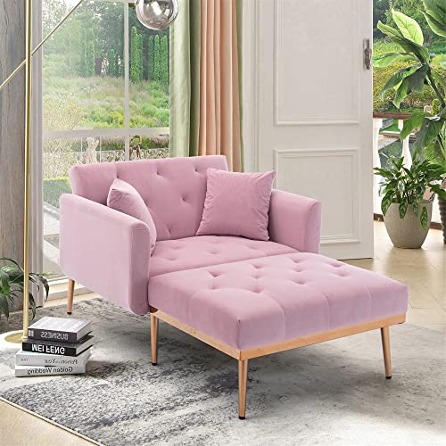 ONCIN Velvet Chaise Lounge Indoor Chair, Modern Tufted Sofa Convertible Recliner with Adjustable Backrest and 2 Pillows for Living Room, Bedroom, Office (Pink), 62.2''