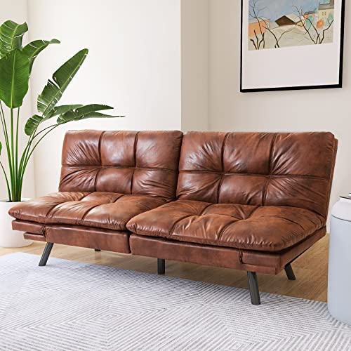 Opoiar Futon Sofa Bed,Lounge Memory Foam Sleeper Couch for Living Room, Convertible Loveseat for Compact Living Spaces,Studio Apartment,Dorm,Home Office,71"-Brown-Faux Leather-Thicker Version