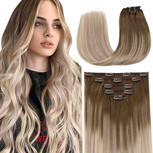 LAAVOO 22 Inch Hair Extensions Ombre Blonde Clip in Hair Extensions Ombre Light Brown to Ash Blonde Mix Platinum Blonde 70g/5pcs Balayage Real Human Hair Extensions Long Straight 3/4 Set Full Head