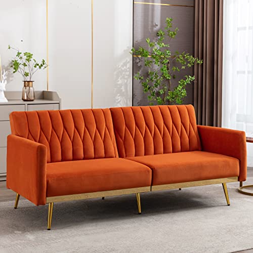 Velvet Convertible Futon Sofa Bed with Golden Metal Legs, 70" Tufted Loveseat Couch Sleeper Futon Sofa with Adjustable Armrests for Home Living Room Bedroom (Orange)