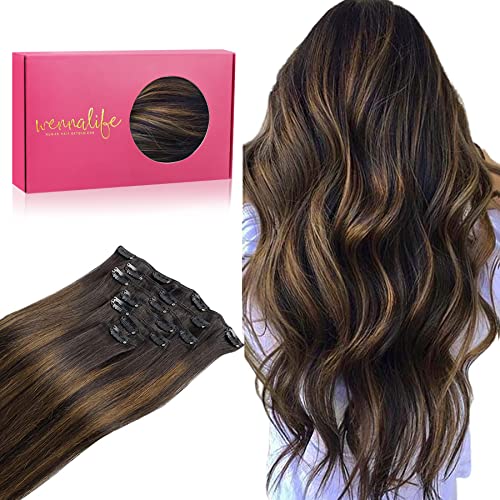 WENNALIFE Clip in Human Hair Extensions, 16 Inch 120g 7pcs Dark Brown to Chestnut Brown Balayage Hair Extensions Clip In Human Hair Remy Clip in Hair Extensions Real Human Hair Double Weft