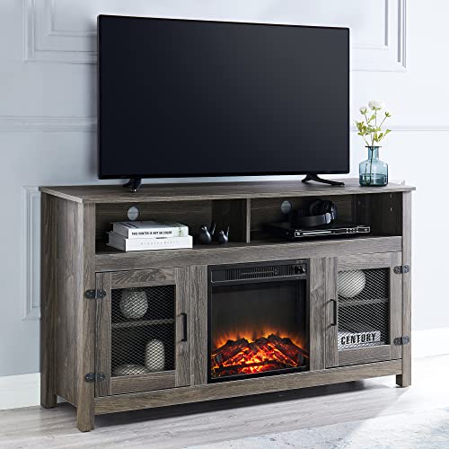 GOOD & GRACIOUS Modern Farmhouse TV Stand with Electric Fireplace, Fit up to 65" Flat Screen TV with Storage Cabinet and Adjustable Shelves Industrial Entertainment Center for Living Room, Grey