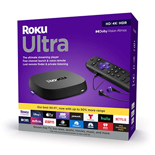 Roku Ultra | Streaming Device HD/4K/HDR/Dolby Vision with Dolby Atmos, Bluetooth Streaming, and Roku Voice Remote with Headphone Jack and Personal Shortcuts, includes Premium HDMI® Cable Roku Ultra | Streaming Device HD/4K/HDR/Dolby Vision with Dolby Atmos, Bluetooth Streaming, and Roku Voice Remote with Headphone Jack and Personal Shortcuts, includes Premium HDMI® Cable