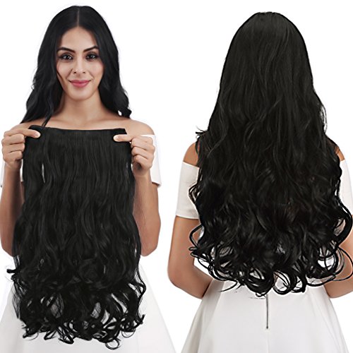 REECHO 20" 1-Pack 3/4 Full Head Curly Wave Clips in on Synthetic Hair Extensions Hairpieces for Women 5 Clips 4.5 Oz per Piece - Natural Black