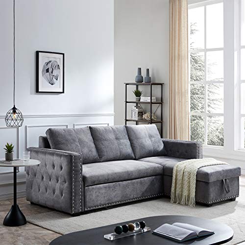 Morden Fort Velvet Reversible Sleeper Sectional Sofa L-Shape 3 Seat Sectional Couch with Storage-Gray Morden Fort Velvet Reversible Sleeper Sectional Sofa L-Shape 3 Seat Sectional Couch with Storage-Gray