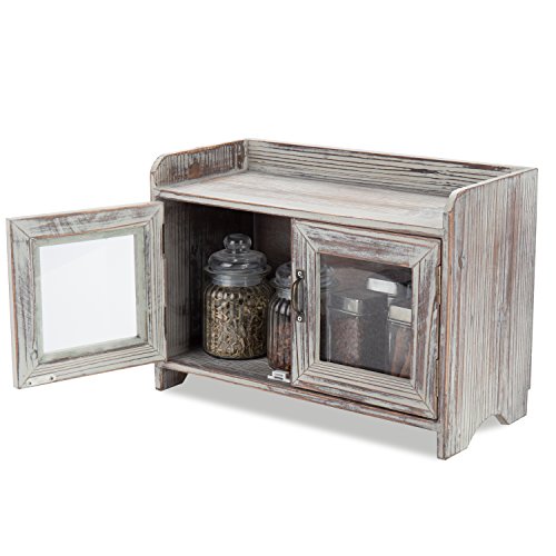 MyGift Torched Wood Bathroom Countertop Cabinet for Kitchen with 2 Glass Window Doors, Multipurpose Storage for Spice Jars or Vanity Beauty Accessories