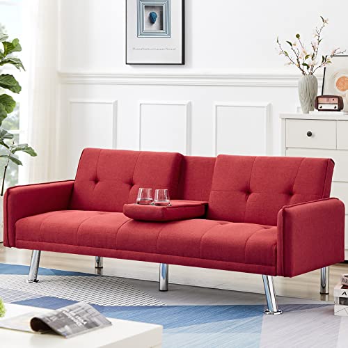 Recaceik Futon Sofa Bed, Upholstered Modern Convertible Folding Sleeper Sofa, Recliner Twin Size Futon Couch Bed with Armrests 2 Cupholders and Metal Legs, Love Seat for Living Room, Apartment, Red
