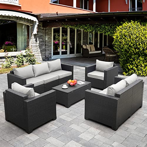 5-Piece Patio Furniture Sofa Set Outdoor Wicker Sectional Couch with Storage Table No-Slip Cushions Furniture Covers, Grey 5-Piece Patio Furniture Sofa Set Outdoor Wicker Sectional Couch with Storage Table No-Slip Cushions Furniture Covers, Grey