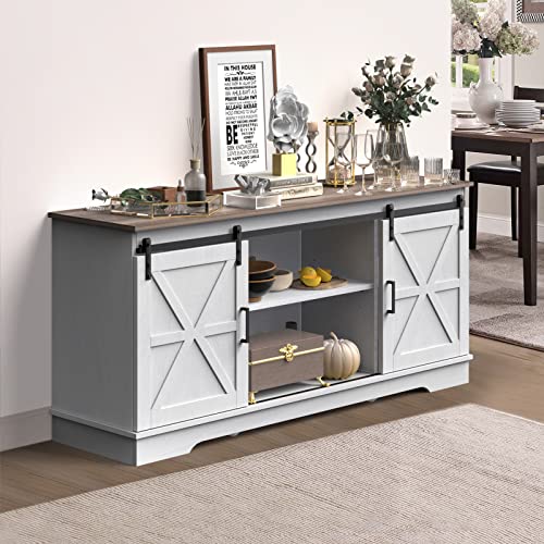 YITAHOME Kitchen Buffet Cabinet, 60“ Farmhouse Sliding Barn Door Coffee Bar Sideboard Buffet Cabinet with Capacity 300 lbs for Home Kitchen Dinning Living Room, Grey White/Grey Wash