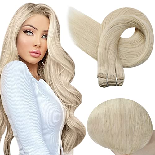 Blonde Hair Extensions Weft Real Human Hair Bundles,Full Shine 22 Inch 105 Grams Straight Brazilian Sew in Hair Extensions Platinum Blonde Hair Wefts Extensions Weave Hair for Women