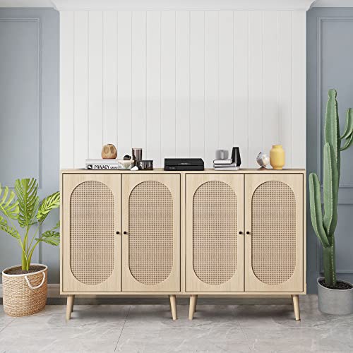 QHITTY Rattan Sideboard Buffet Cabinet, Accent Kitchen Storage Cabinet Console Table with Adjustable Shelves for Living Room, Dining Room, Bedroom (Natural)