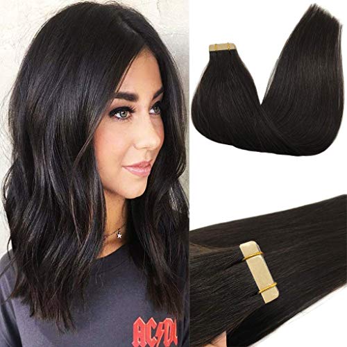 GOO GOO Tape in Hair Extensions Human Hair 24 Inch Natural Black Color Remy Human Hair Extensions 20pcs 50g Long Straight Natural Black Hair Extensions for Women