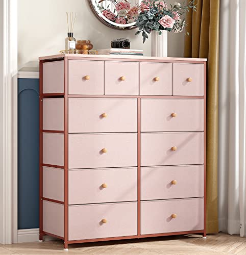 EnHomee 12 Drawer Dresser for Bedroom, Tall Dressers for Girls Kids Bedroom with Sturdy Metal Frame & Wood Top, Pink Dresser & Chest of Drawers for Bedroom Nursery, Large Fabric Bedroom Dresser, Pink