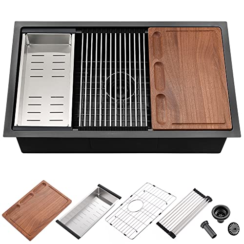 33 Inch Black Stainless Steel Undermount Kitchen Sink - iAnomla 33x19x10 Undermount Workstation Sink 16 Gauge Gunmetal Matte Black Deep Single Bowl Kitchen Sink with Cutting Board & Colander 33 Inch Black Stainless Steel Undermount Kitchen Sink - iAnomla 33x19x10 Undermount Workstation Sink 16 Gauge Gunmetal Matte Black Deep Single Bowl Kitchen Sink with Cutting Board & Colander