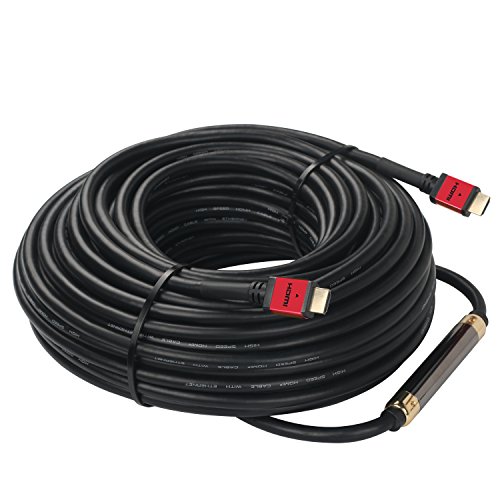 100 Feet HDMI Cable with Signal Booster,SHD 100' HDMI Cord 2.0V Support 4K 3D 1080P for in-Wall Installation CL3 Rated Black Cable and Red Metal Shell