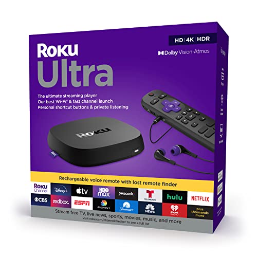 Roku Ultra 2022 4K/HDR/Dolby Vision Streaming Device and Roku Voice Remote Pro with Rechargeable Battery, Hands-Free Voice Controls, Lost Remote Finder, and Private Listening Roku Ultra 2022 4K/HDR/Dolby Vision Streaming Device and Roku Voice Remote Pro with Rechargeable Battery, Hands-Free Voice Controls, Lost Remote Finder, and Private Listening