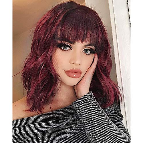 AISI HAIR Synthetic Curly Bob Wig with Bangs Short Bob Wavy Hair Wigs Wine Red Color Wigs for Women Bob Style Synthetic Heat Resistant Bob Wigs