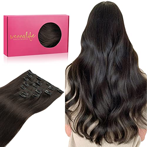 WENNALIFE Clip in Human Hair Extensions, 14 Inch 120g 7pcs Dark Brown Hair Extensions Clip In Human Hair Short Straight Remy Clip in Hair Extensions Real Human Hair Double Weft