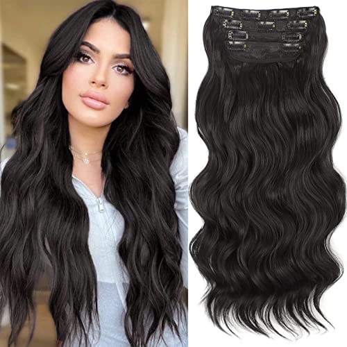 Stamped Glorious Clip in Hair Extensions Long Wavy Hair Extensions for Women 4pcs Long Hairpieces Synthetic Invisible Hair Extensions (20, 3-Dark Brown)