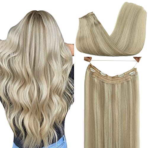 GOO GOO Human Hair Extensions 16 Inch 95g Wire Hair Extensions Ash Blonde Highlighted Platinum Blonde Wire Hair Extensions Real Human Hair Thick Straight Hairpiece Invisible Wire Fish Line Extensions