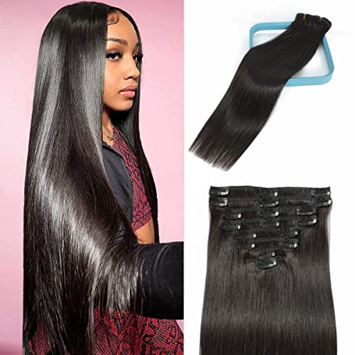 LORIEN Clip in Hair Extensions Real Human Hair 100g Clip ins 100% Human Hair Extensions Brazilian Remy Human Hair Clip on Hair Extension 8pcs Per Set with 18Clips Double Weft (18 Inch, #1B Natural Black Color)