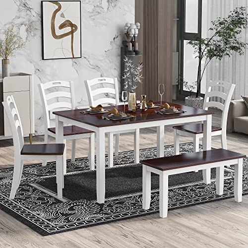 Merax Dining Table Sets, 6 Piece Wood Kitchen Table Set, Home Furniture Table Set with Chairs & Bench (White + Cherry) Merax Dining Table Sets, 6 Piece Wood Kitchen Table Set, Home Furniture Table Set with Chairs & Bench (White + Cherry)