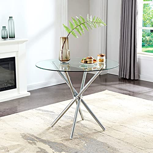 STYLIFING Round Glass Dining Table - Modern Round Dining Table with Tempered Glass Top, Silver Chrome Plated Metal Legs - Dining Room Table for 4,Kitchen Table,Coffee Table for Living Room,Small Space