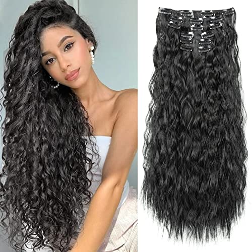Clip In Hair Extensions,LONAI 6PCS 24" Black Hair Extensions Long Mermaid Waves Wavy Synthetic Clip On Hairpiece For Women（Black）