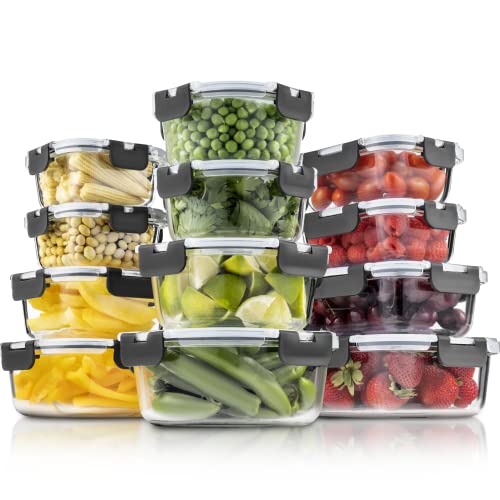 FineDine 24-Piece Superior Glass Food Storage Containers Set - Newly Innovated Hinged Locking lids - 100% Leakproof Glass Meal-Prep Containers, Great On-the-Go & Freezer-to-Oven-Safe Food Containers