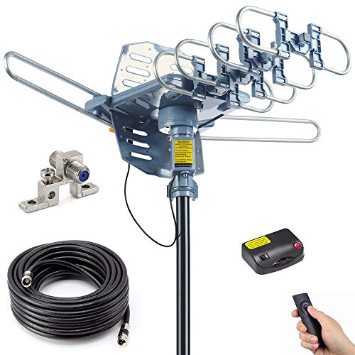 PBD Outdoor Digital Amplified HDTV Antenna, 150 Mile Motorized 360 Degree Rotation, Wireless Remote Control, 59FT RG6 Coax Cable, Coaxial Grounding Block, UHF VHF 1080P 4K, Support 2 TVs PBD Outdoor Digital Amplified HDTV Antenna, 150 Mile Motorized 360 Degree Rotation, Wireless Remote Control, 59FT RG6 Coax Cable, Coaxial Grounding Block, UHF VHF 1080P 4K, Support 2 TVs