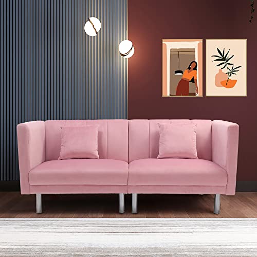 Modern Velvet Fabric Sofa Bed Futon with 2 Pillows,Couch with 3 Adjustable Angles,Convertible Small Loveseat Folding Sleeper Sofa Bed for Compact Living Spaces,Bedroom,Apartment,Office Dorms (Pink)