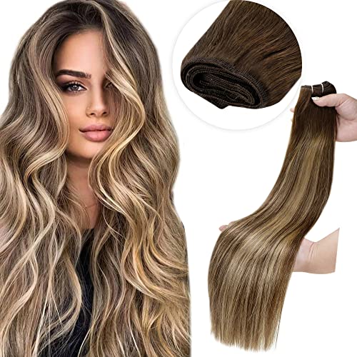 LAAVOO Balayage Sew in Weft Hair Extensions Human Hair 18 Inch Ombre Brown to Caramel Blonde Hair Extensions Sew in Hand Tied Weft Hair Extensions Real Human Hair Straight 100 Gram Per Bundle