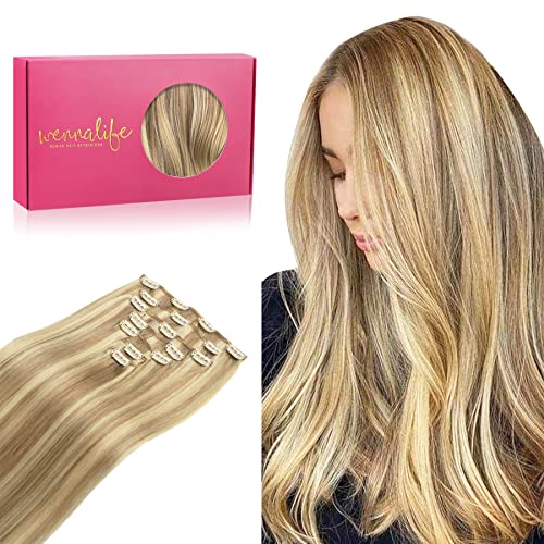 WENNALIFE Clip in Human Hair Extensions, 16 Inch 120g 7pcs Light Blonde Highlighted Golden Blonde Hair Extensions Clip In Human Hair Remy Clip in Hair Extensions Real Human Hair Double Weft