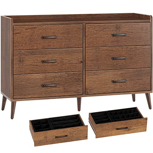 Rolanstar Drawer Dresser Quick Install, 6 Wood Drawers Storage Dresser with 4 Set Foldable Drawer Dividers, Mid Century Rustic Chest of Drawer with Anti-Tipping Device, Bedroom, Living Room, Brown