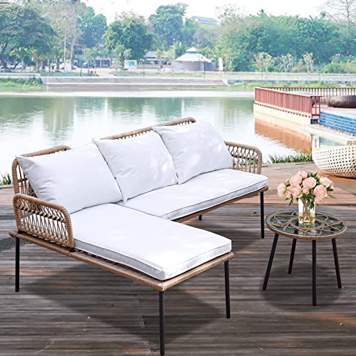 Patio Rope Woven Furniture Set of 3,Boho Woven Sectional Outdoor Furniture Right Left L-Shaped Conversation Sofa Set for Backyard,Porch,Detachable Lounger with White Thickness Cushions, Side Table