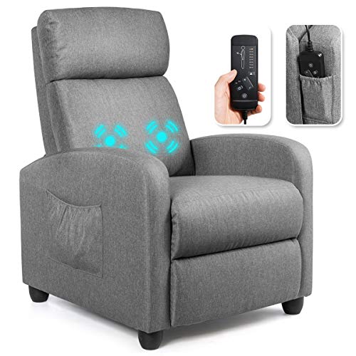 Giantex Recliner Chair, Massage Winback Single Sofa w/Side Pocket, Fabric Recliner Sofa for Living Room, Modern Padded Seat Reclining Chair, Home Theater Seating Office for Adults (Grey)