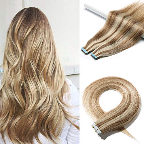 Tape in Hair Extensions Real Human Hair 20pcs 30g 100% Remy Hair Extensions of Balayage Golden Brown Highlighted Bleach Blonde Seamless Straight Double Sided Tape in Human Hair (18 inch #12P613)