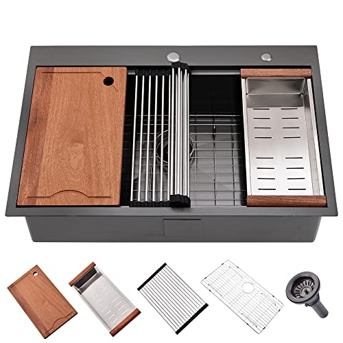 33 Black Kitchen Sink Drop In-SOMRXO 33x22 Drop In Kitchen Sink Workstation Kitchen Sink 16 Gauge Gunmetal Matte Black Stainless Steel Kitchen Sink Single Bowl Kitchen Sink