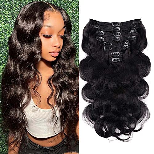 Body Wave Clip in Hair Extensions Real Human Hair 8Pcs Remy Hair Extensions Clip ins for Black Women with 18Clips Brazilian Virgin Human Hair Extensions Double Weft 120g (18inch, Natural Black)