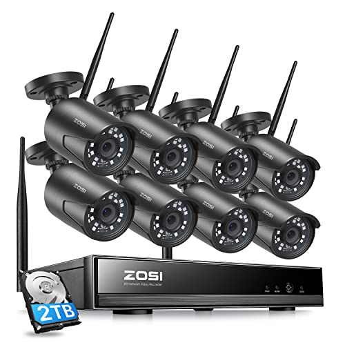 ZOSI Wireless Home Security Camera System, 2K H.265+ 8CH CCTV NVR with Hard Drive 2TB for 24/7 Recording and 8 x 1080P Auto Match WiFi IP Camera Outdoor Indoor,Night Vision,Remote Access