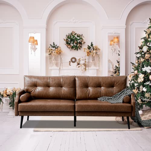 Vonanda Faux Leather Sofa Couch, 73'' Mid-Century Modern 3 Seater Sofa with Rivet on Armrests and 2 Cylindrica Pillows, Upholstered Couch for Living Room, Bedroom, Office, Cognac Tan