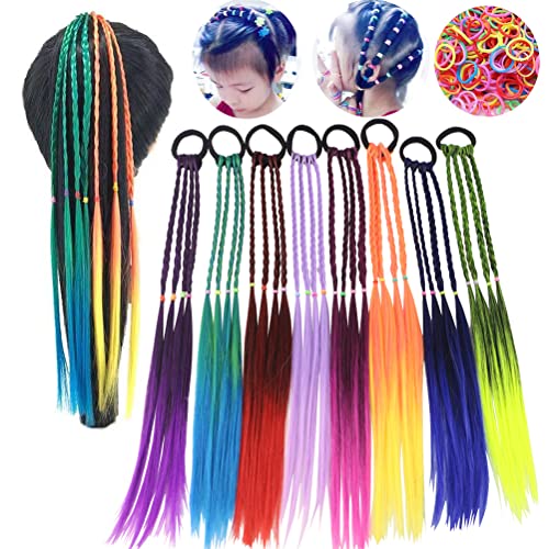 8 Pieces Colored Braids Hair Extensions with Rubber Bands Rainbow Braided Synthetic Hairpieces Ponytail Hair Accessories for Women Kids Girls Party Highlights Cosplay Dress Up (JF8pcs)