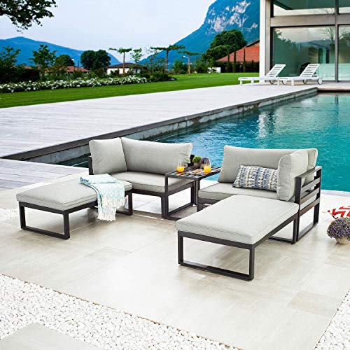 LOKATSE HOME 5 Pieces Patio Furniture Conversation Metal Sofa Set Outdoor Indoor Chaise Lounge Cushioned Chairs with Ottoman Table, Grey LOKATSE HOME 5 Pieces Patio Furniture Conversation Metal Sofa Set Outdoor Indoor Chaise Lounge Cushioned Chairs with Ottoman Table, Grey