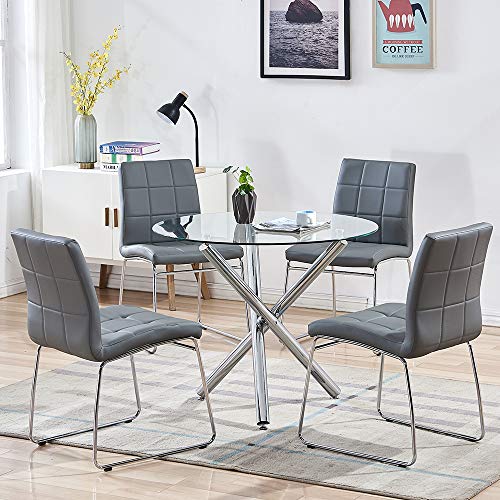 WENYU 5 Pieces Glass Dining Table Set, Round Kitchen Table with Clear Tempered Glass Top, Modern Dining Table and Chairs Set for 4 Person (Table + 4 Gray Chairs)