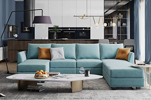 HONBAY Modular Sectional Sofa U Shaped Couch Convertible Sofa Couch with Reversible Chaise, Aqua Blue