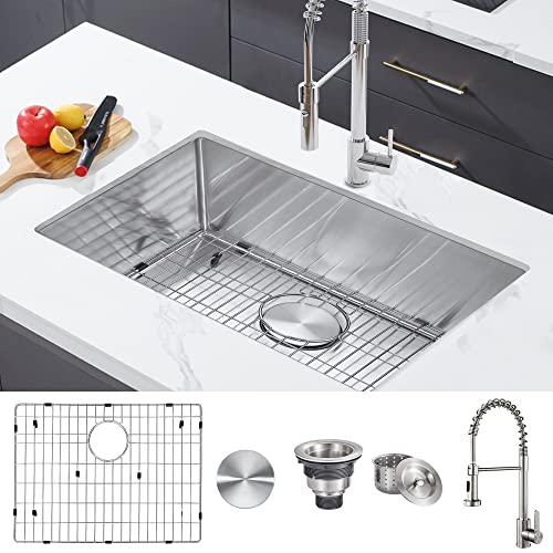 CITYLE 32 Inch Undermount Kitchen Sink and Faucet Combo, Stainless Steel Sink Handmade Single Basin with Bottom Grid and Basket Strainer Drain for Bar Prep Kitchen(32'' x 18'' x 9'')